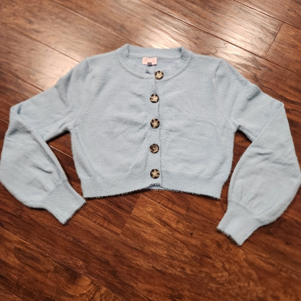 Pink Lily button up cropped fuzzy cardigan
